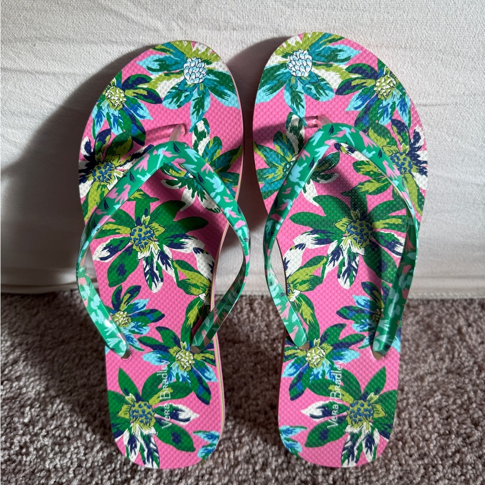 Vera Bradley Tropical Paradise pink and green thong flip flops size medium